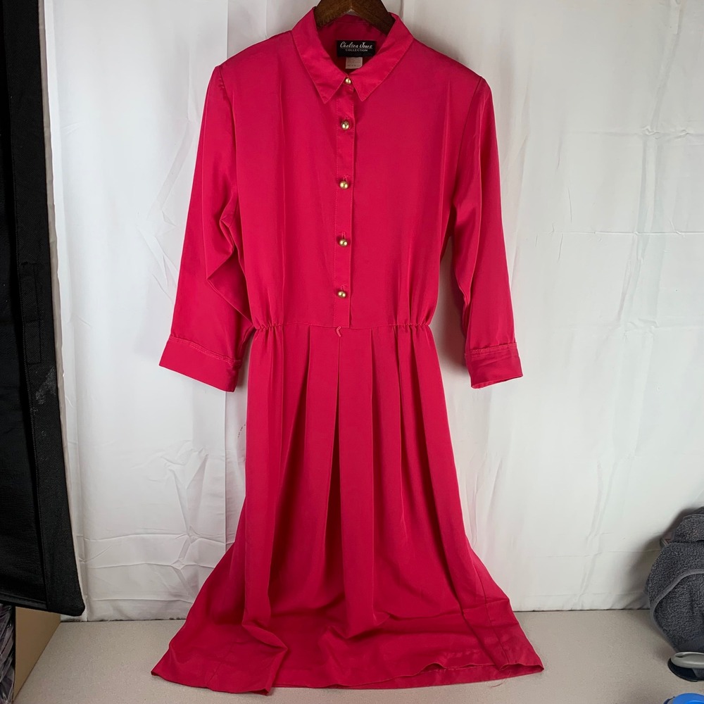 Chelsea Jones Collection‎ Shirt Dress Womens 12 Pink Gold Button Pleated Vintage